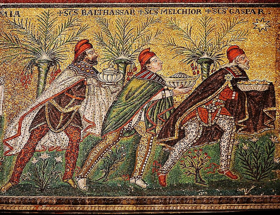 Равеннская мозаика с изображениями и именами волхвов Балтазара, Мельхиора и Каспара